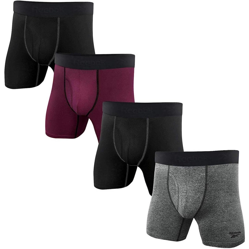 Reebok Performance Speedwick Boxer Briefs 4-Pack In Black Fig Grey Heather, L